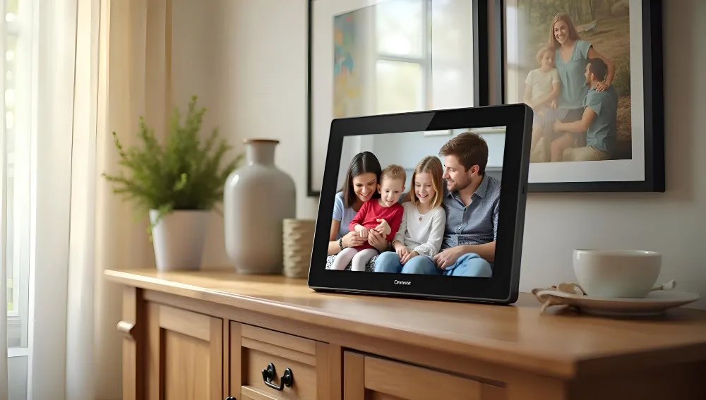Smart digital photo frame on a shelf