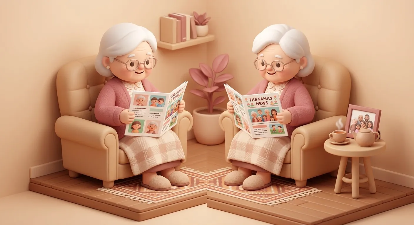 Grandma reading a printed family newspaper with grandchildren