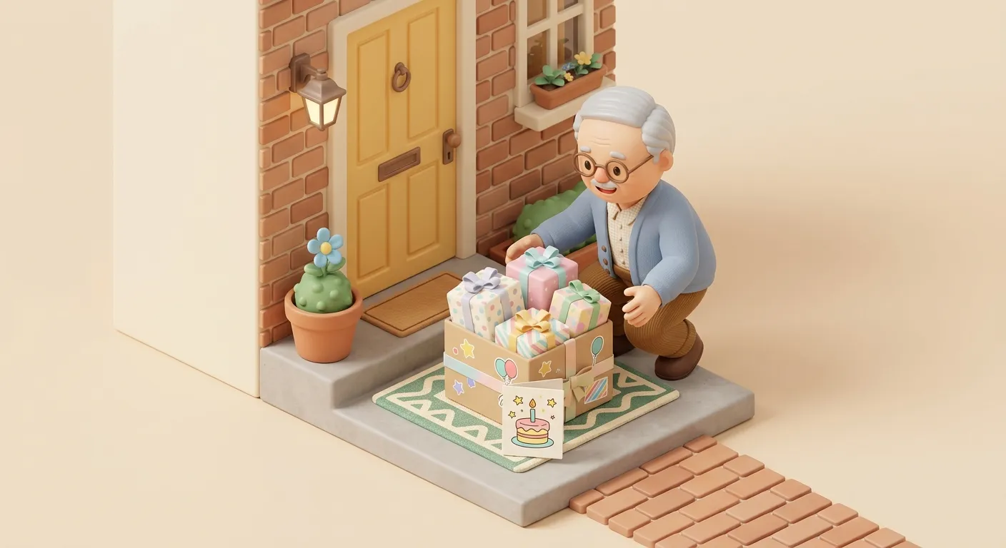 An elderly parent receiving a birthday package at their doorstep