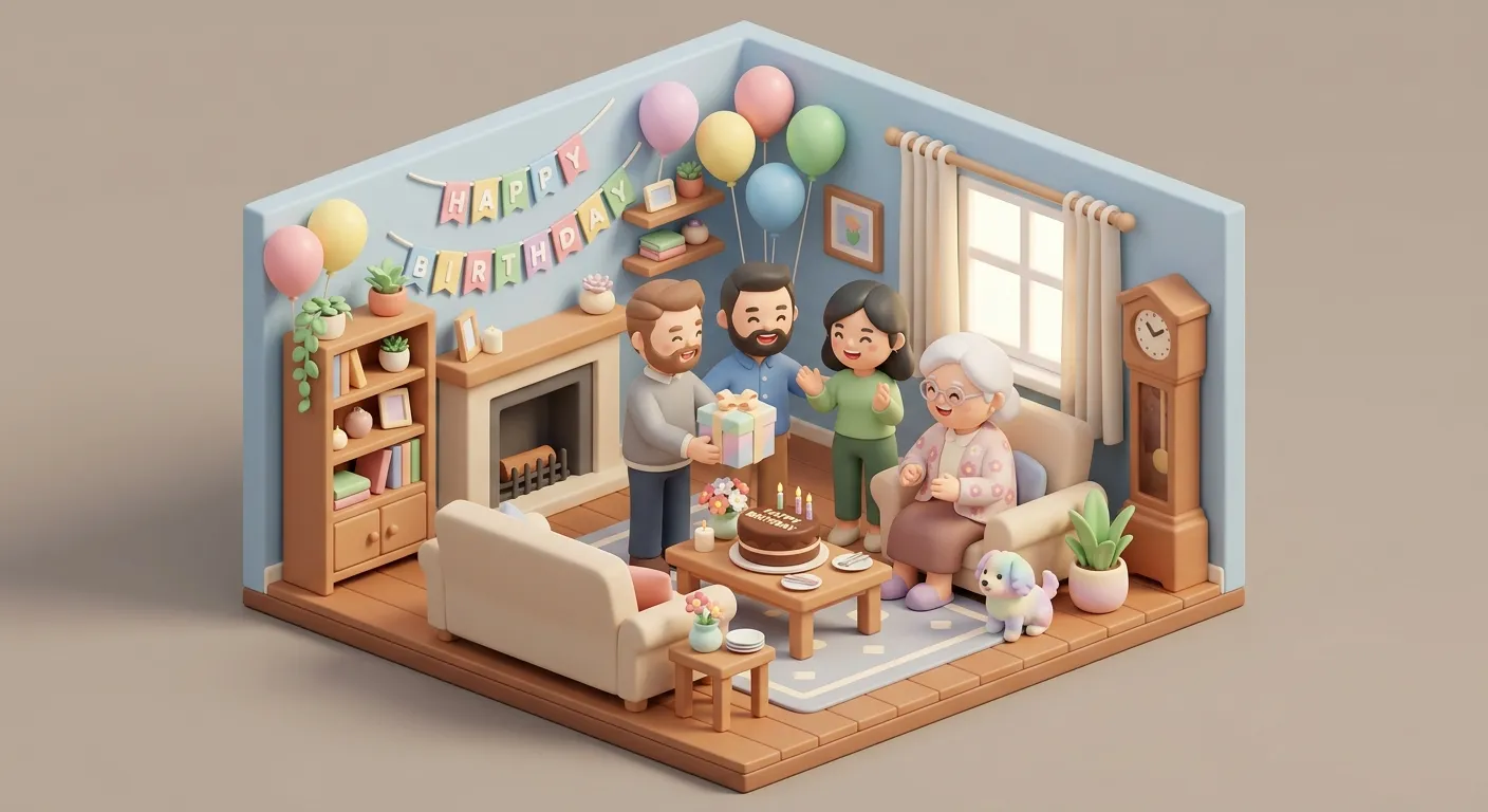 A family celebrating an elderly parent&#x27;s birthday at home with decorations and cake