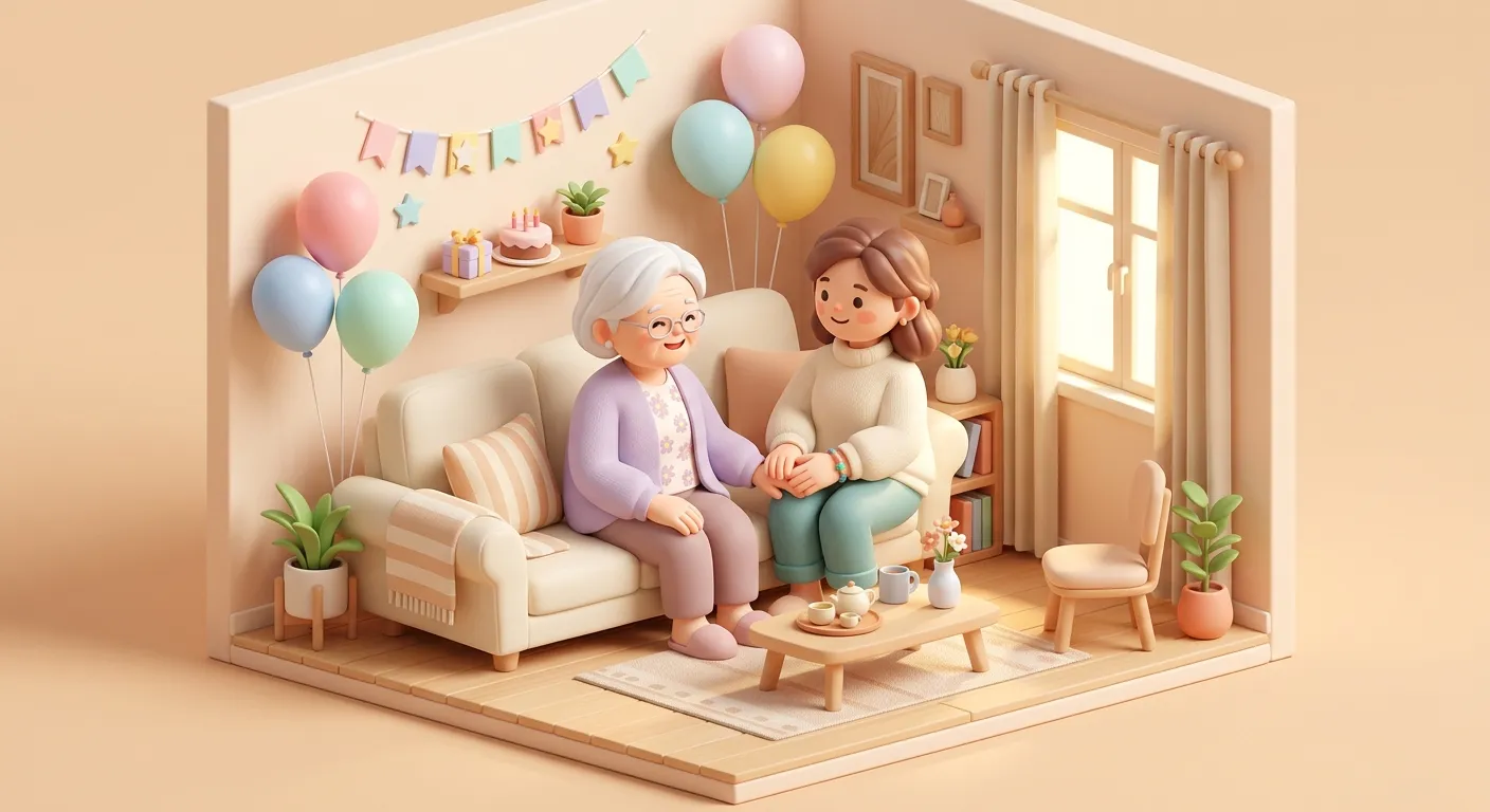 A family member sitting with an elderly parent, holding hands, with soft birthday decorations