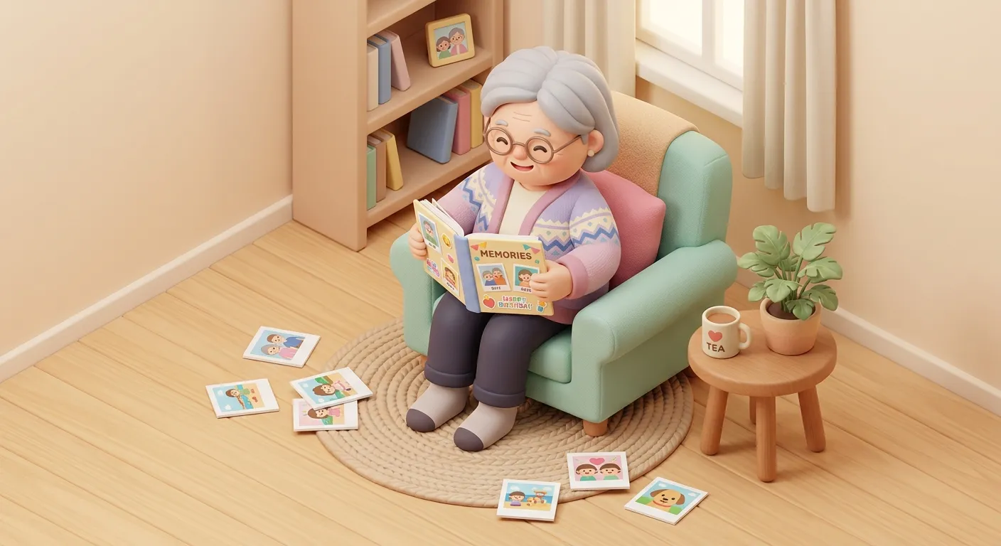 An elderly parent opening a handmade birthday scrapbook surrounded by family photos