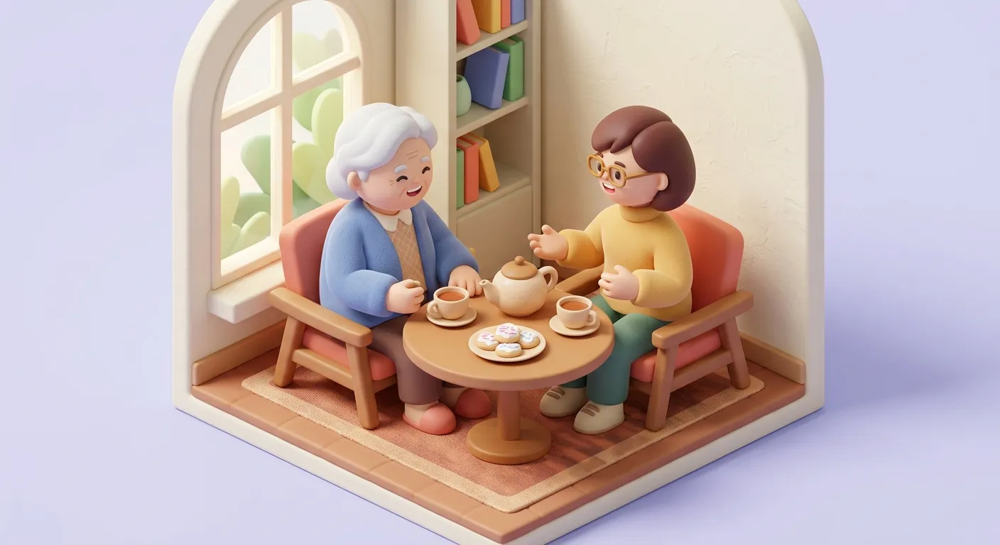 Elderly figurine and adult child figurine having a warm conversation over tea