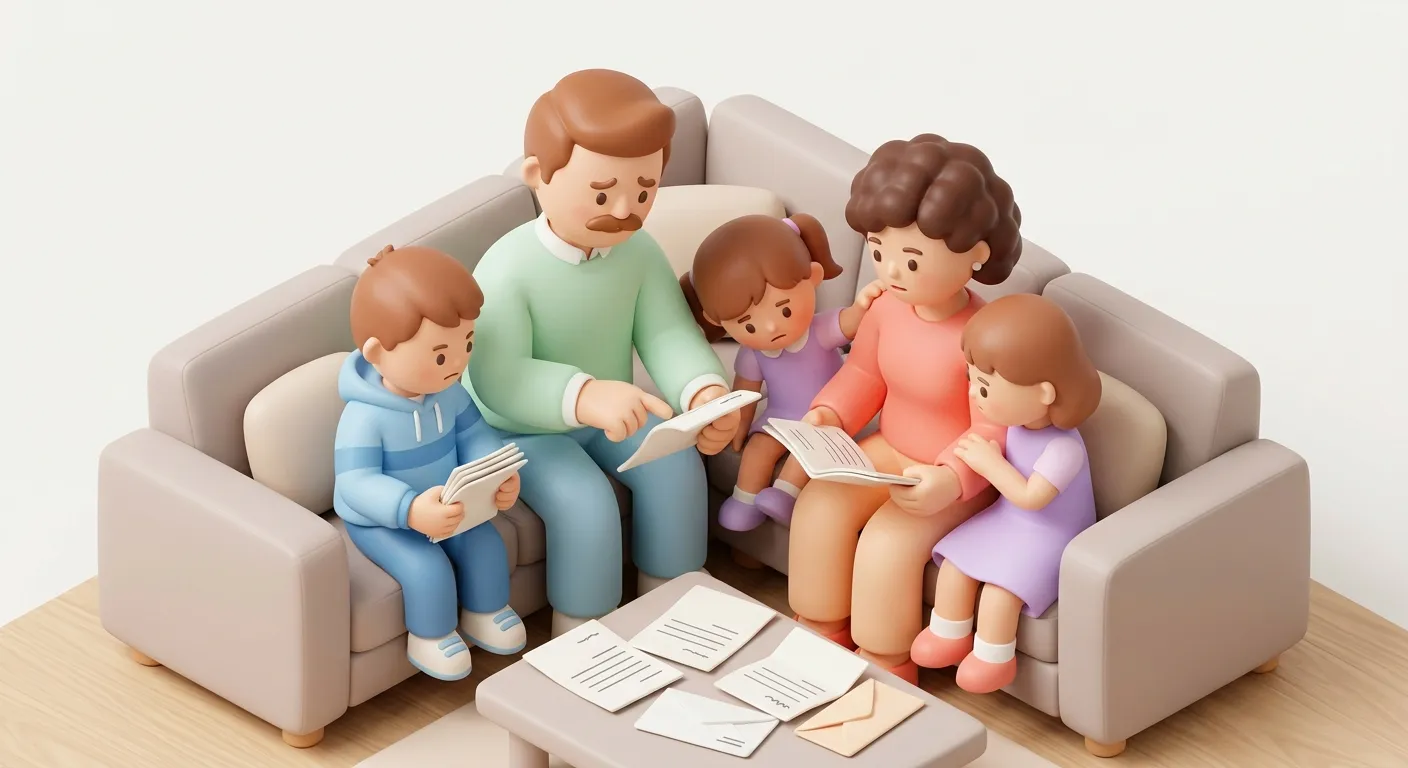 Family figurine sitting on a couch looking at an assisted living brochure with emotional expression