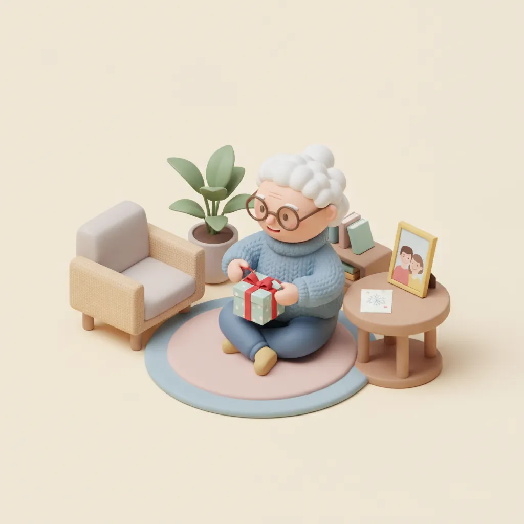 A senior in a cozy room opening a thoughtful holiday gift