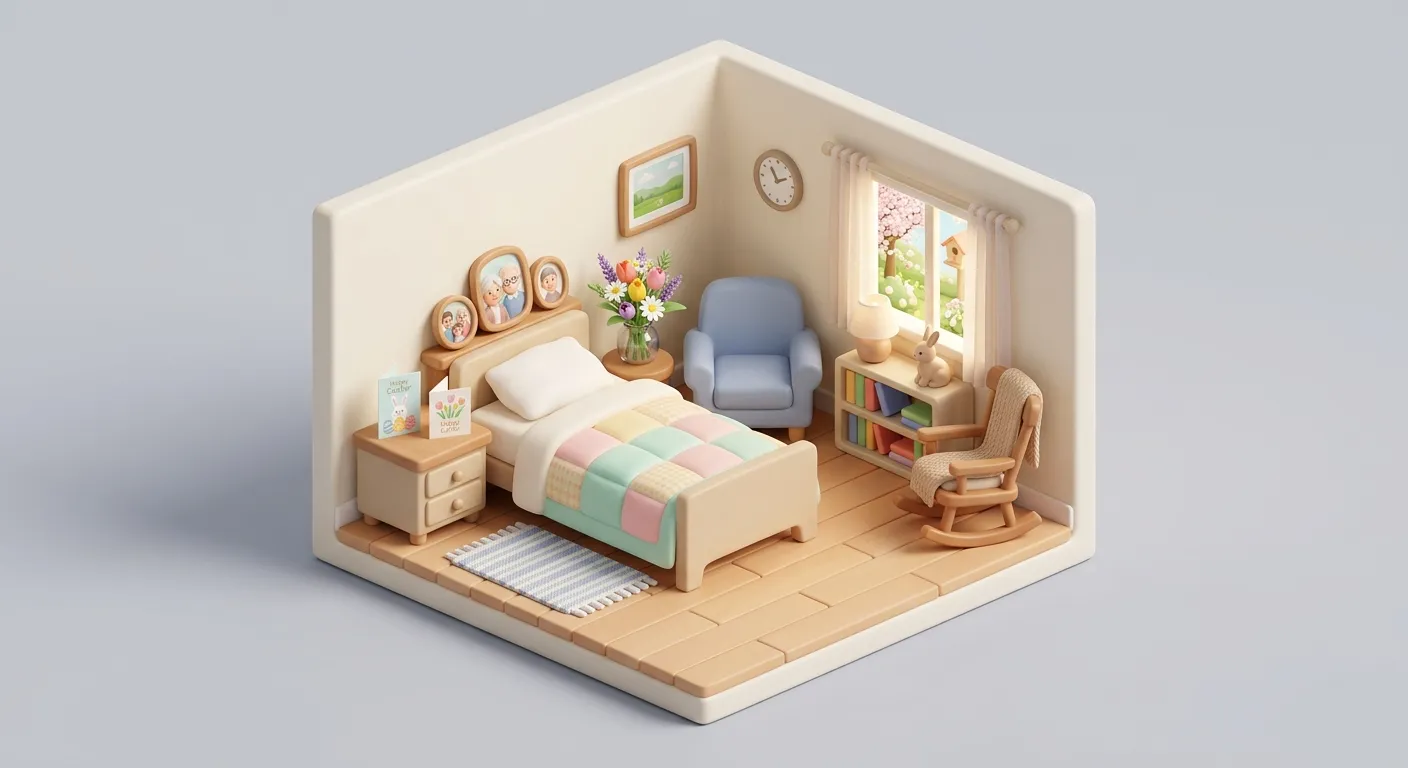 A cozy assisted living room with Easter decorations