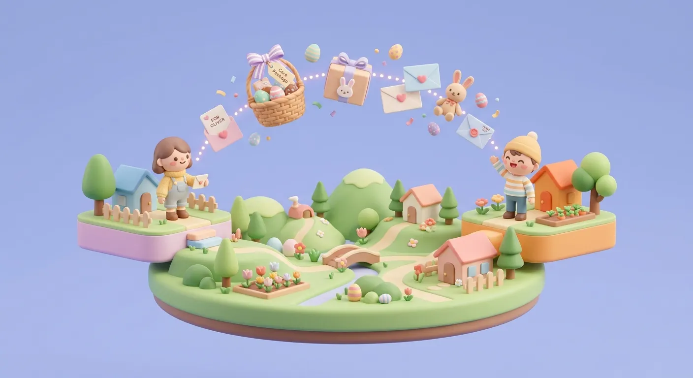 Two figurines connected across distance with Easter care packages