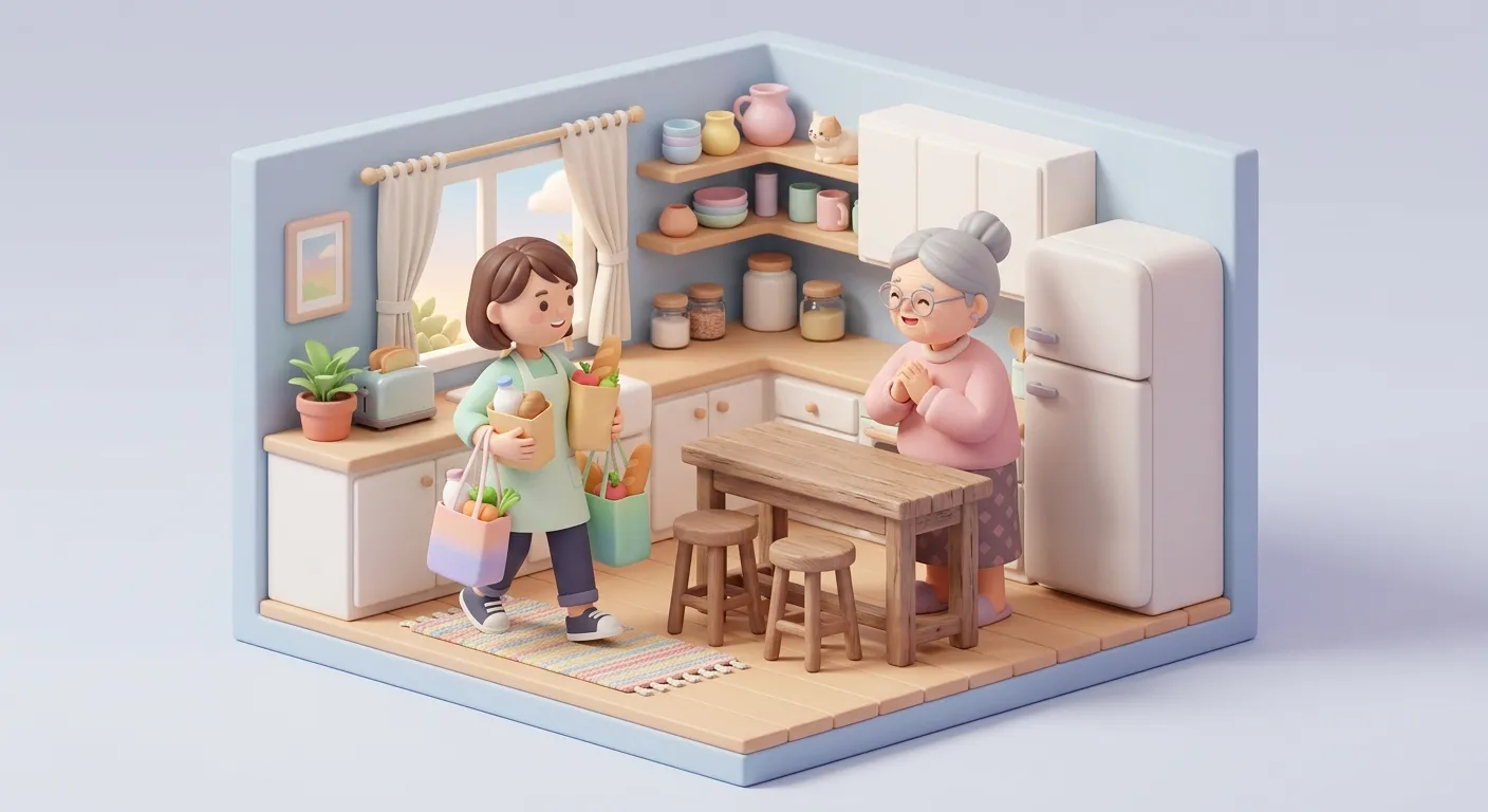 An adult child helping their elderly parent in a supportive way