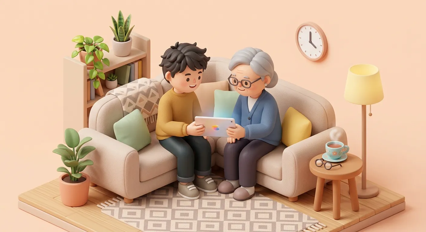 A grandparent reading a printed family newsletter with a smile