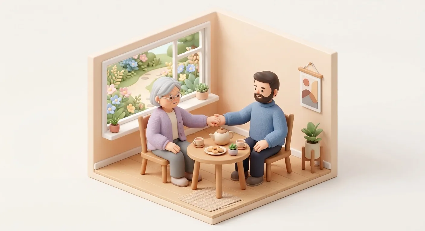 Aging parent and adult child sharing a warm moment of connection