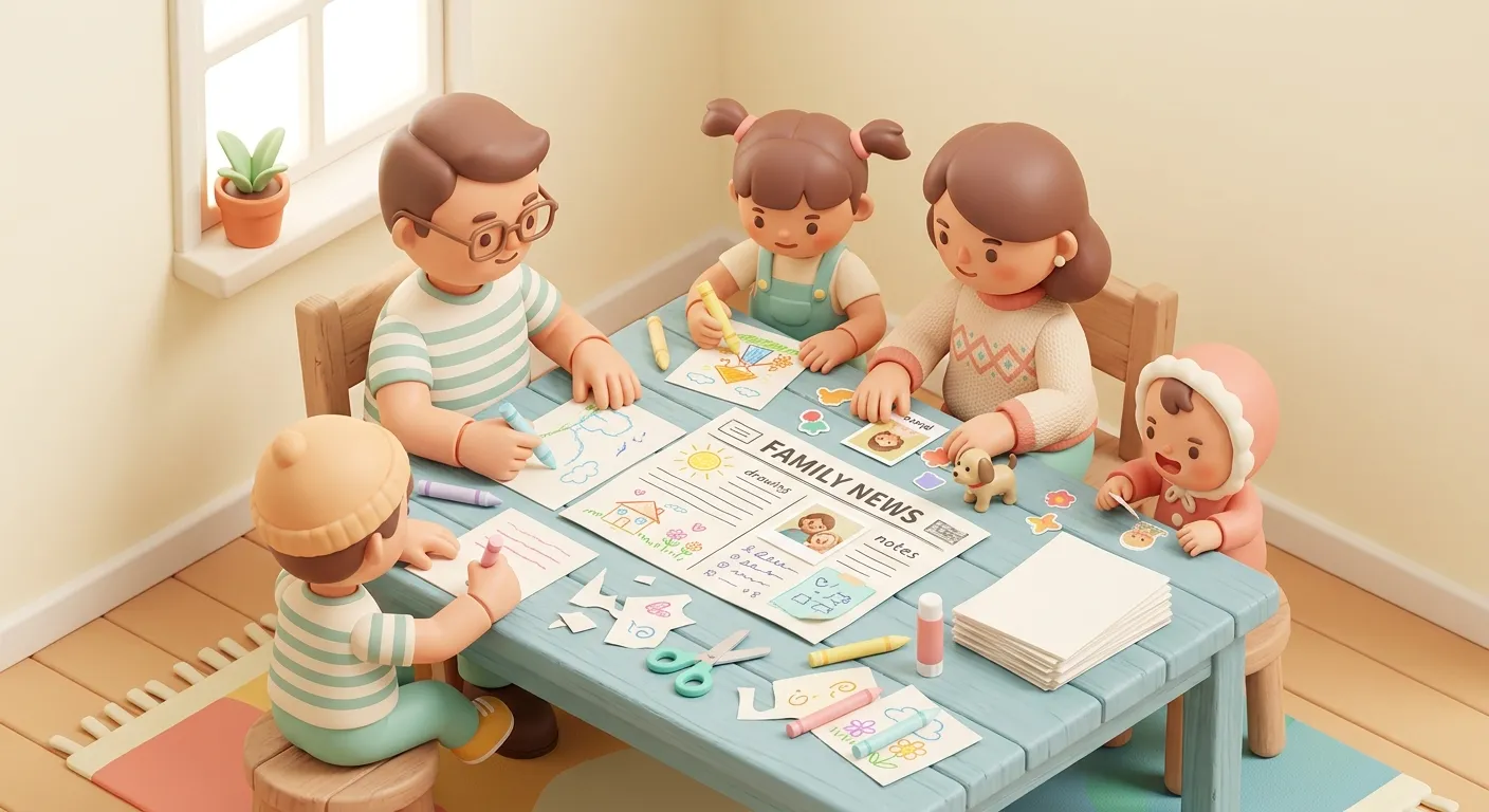 A family of figurines gathered around a table contributing to a newsletter