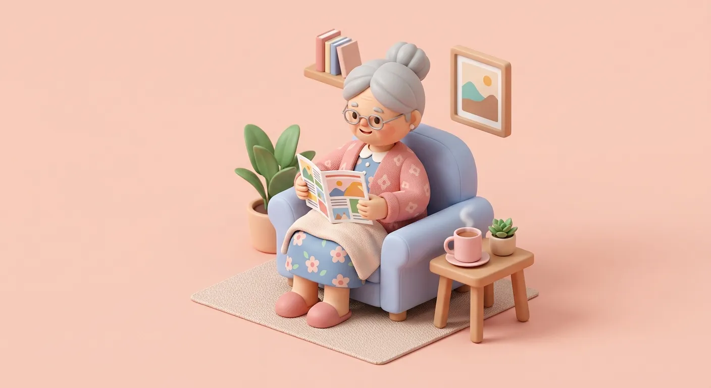 Grandma reading a family newsletter in a cozy armchair