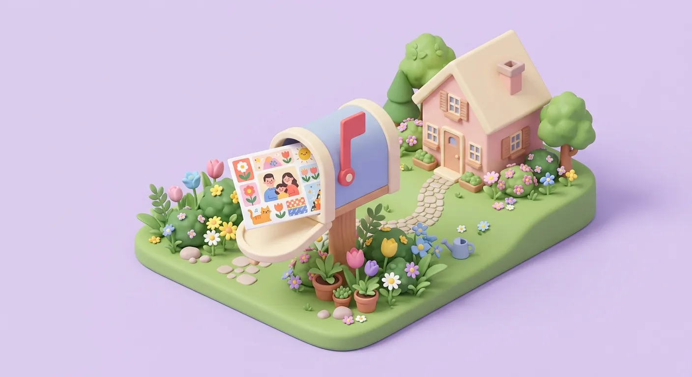 A mailbox with a colorful family newsletter surrounded by spring flowers