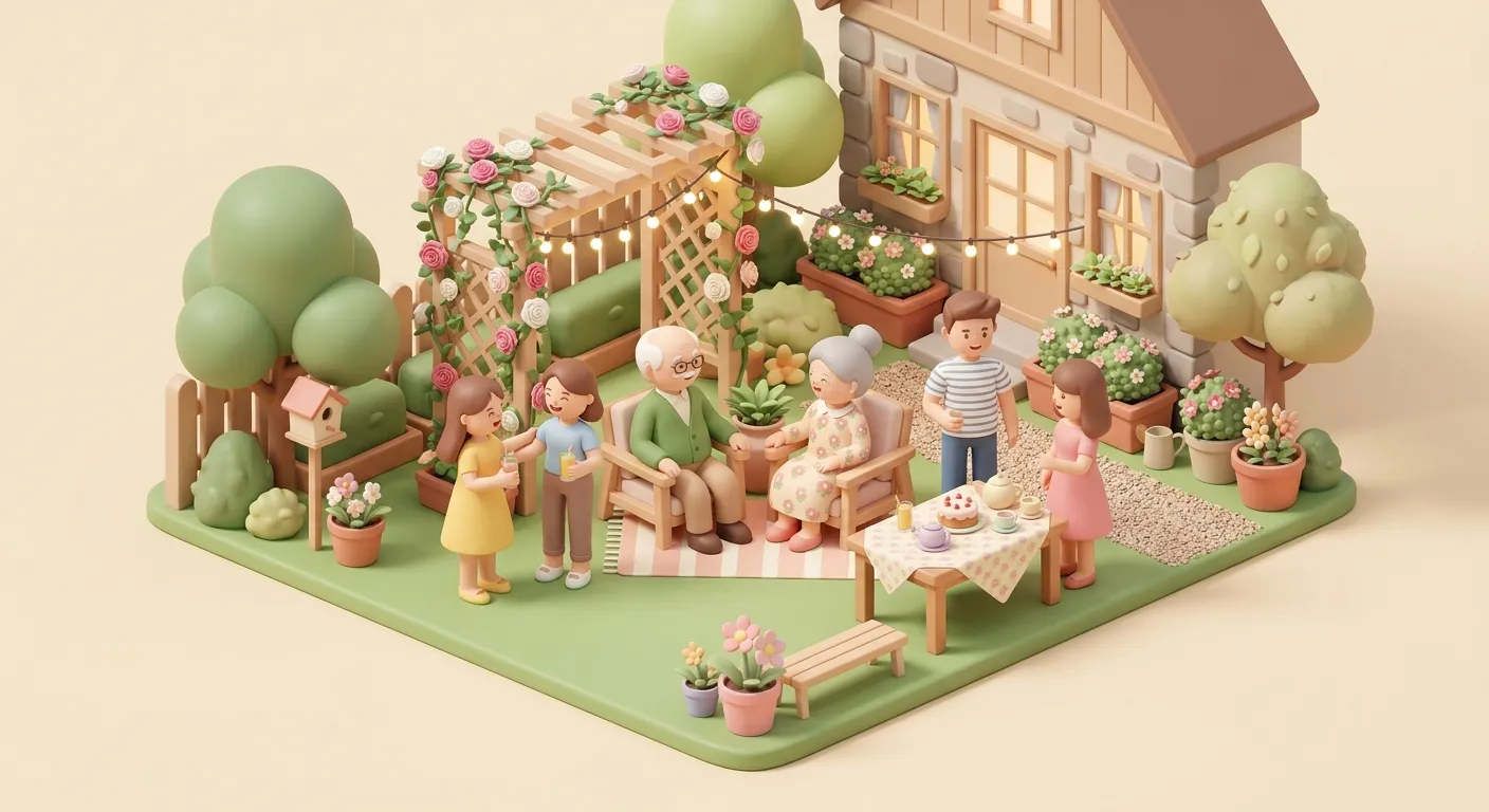 Image of a family gathering in the backyard with elderly parents seated among their relatives.