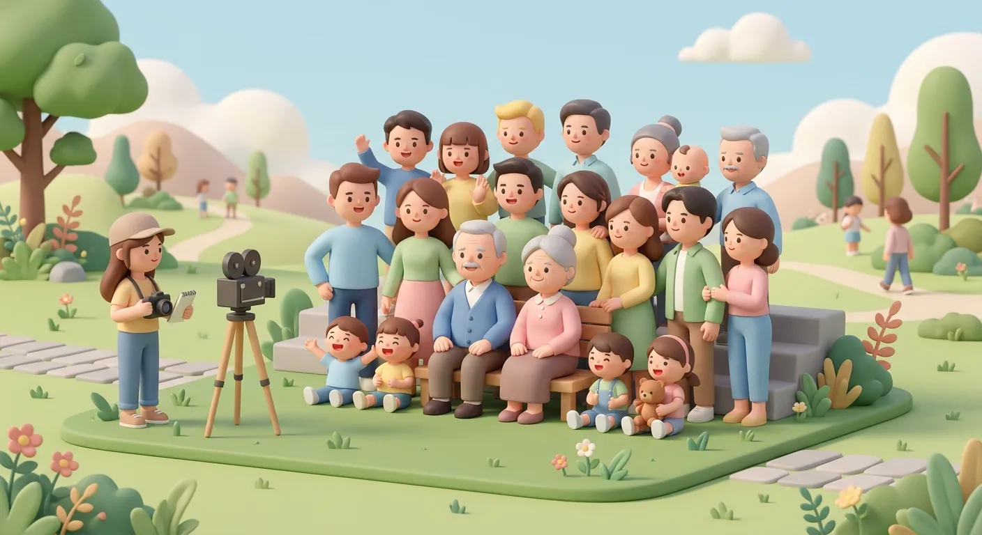 Extended family posing together for a group photo with grandparents in the center