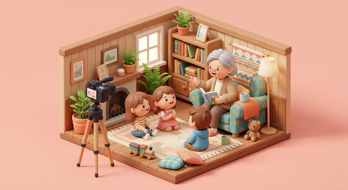 Elderly grandparent sharing stories with grandchildren at a family reunion