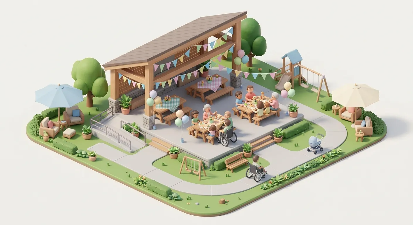 Comfortable outdoor seating area set up for a multigenerational family reunion