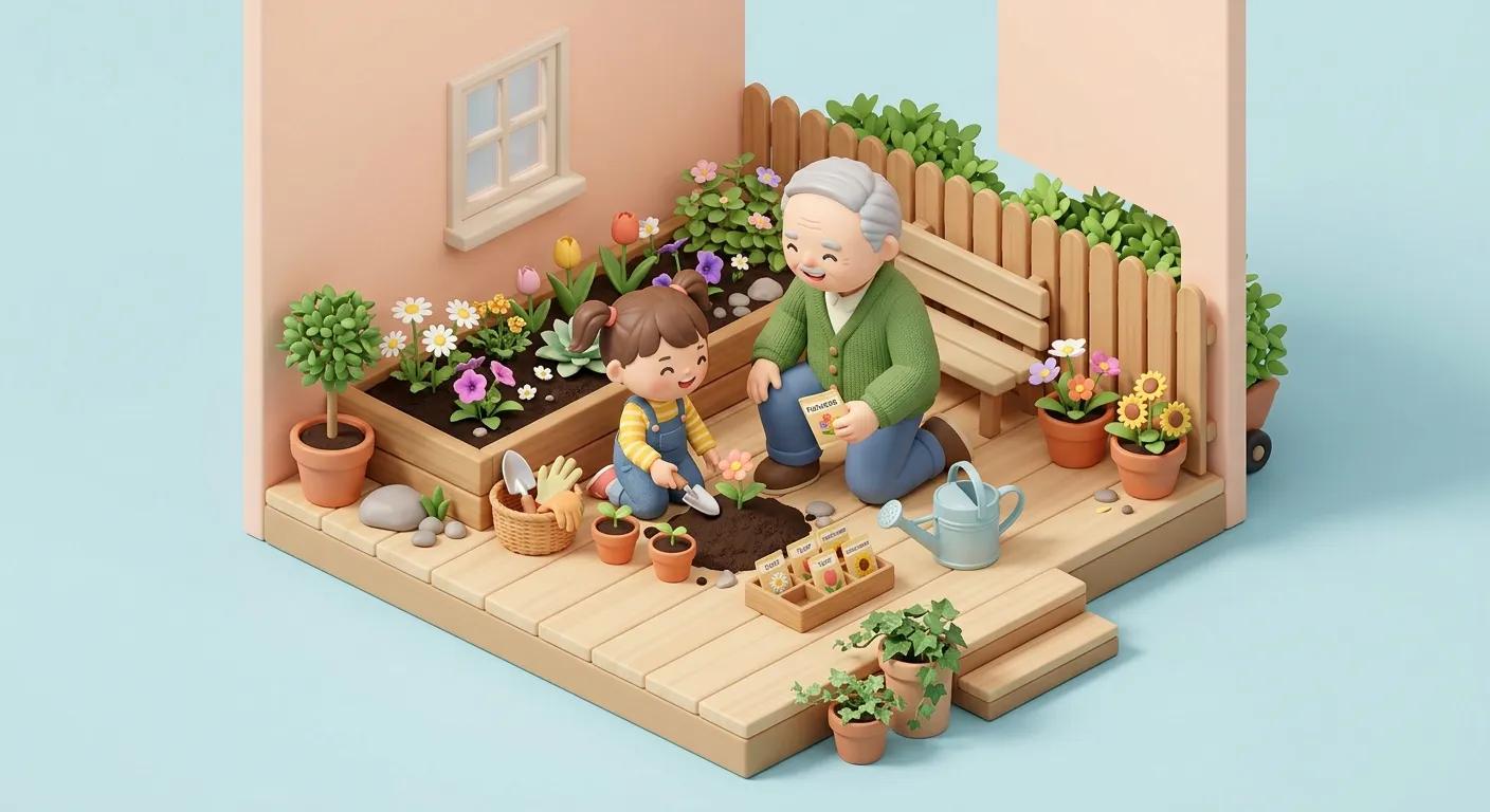 Grandparent and grandchild planting flowers in a tiny garden