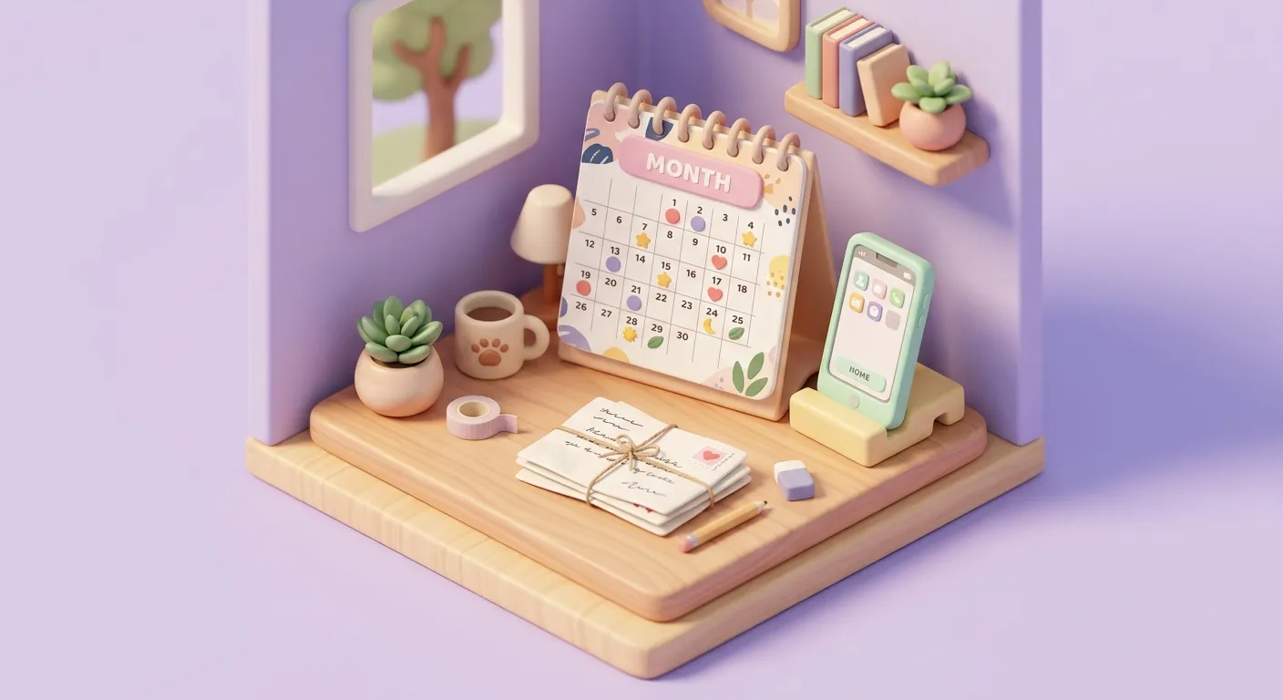 A monthly ritual scene with calendar and handwritten letters