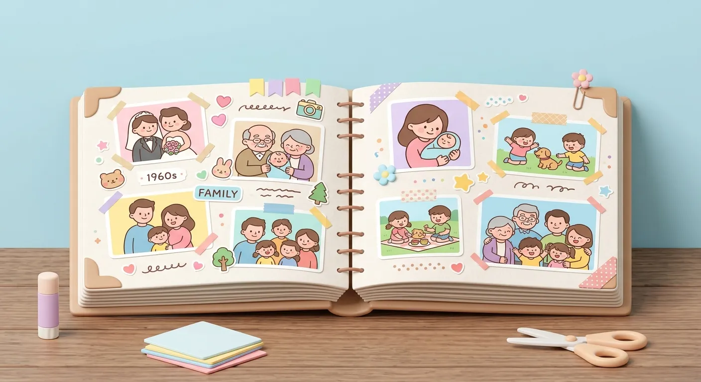 A scrapbook with photos and handwritten memories