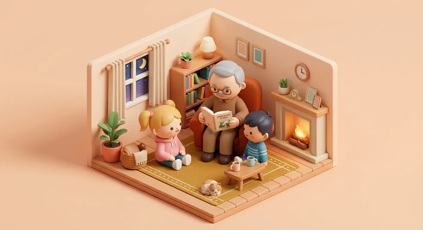 Grandfather reading a storybook to grandchildren by a fireplace
