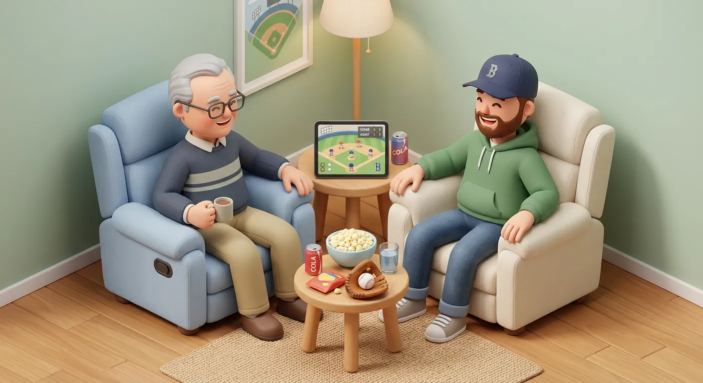 Elderly father and adult son watching a baseball game together on a tablet in a senior living common room