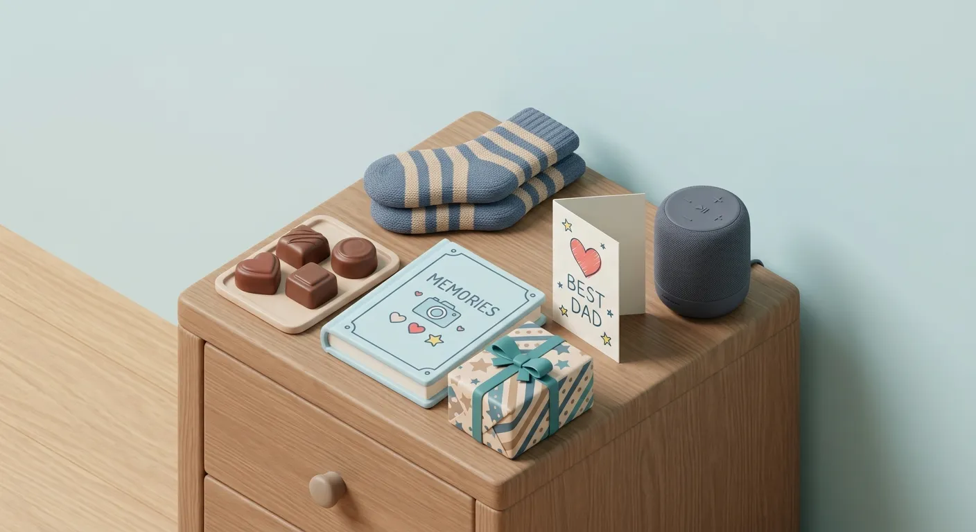 Wrapped gift, photo book, warm socks, and greeting card on a bedside table
