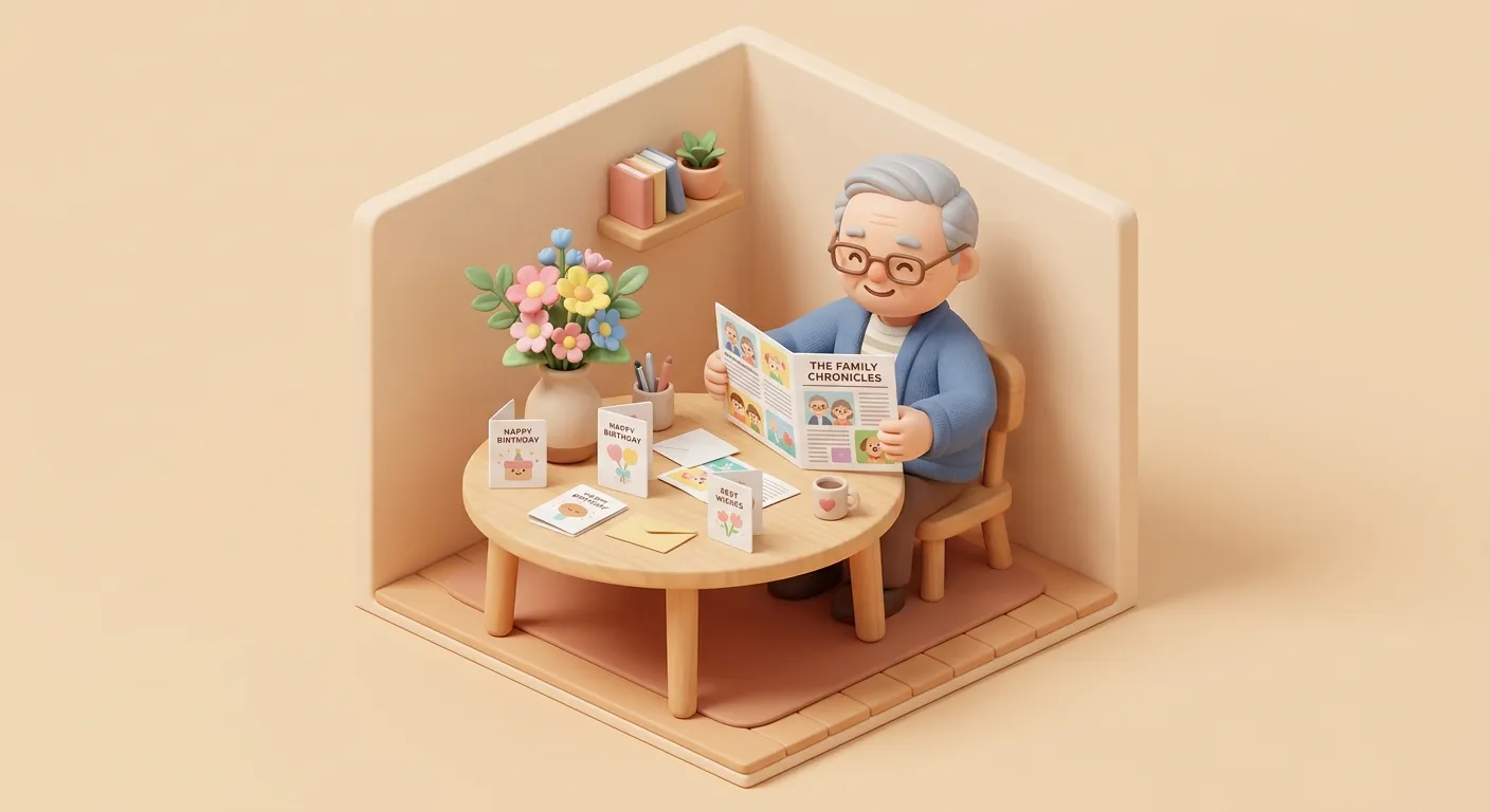 Elderly father smiling while reading a printed family newsletter at his desk in assisted living