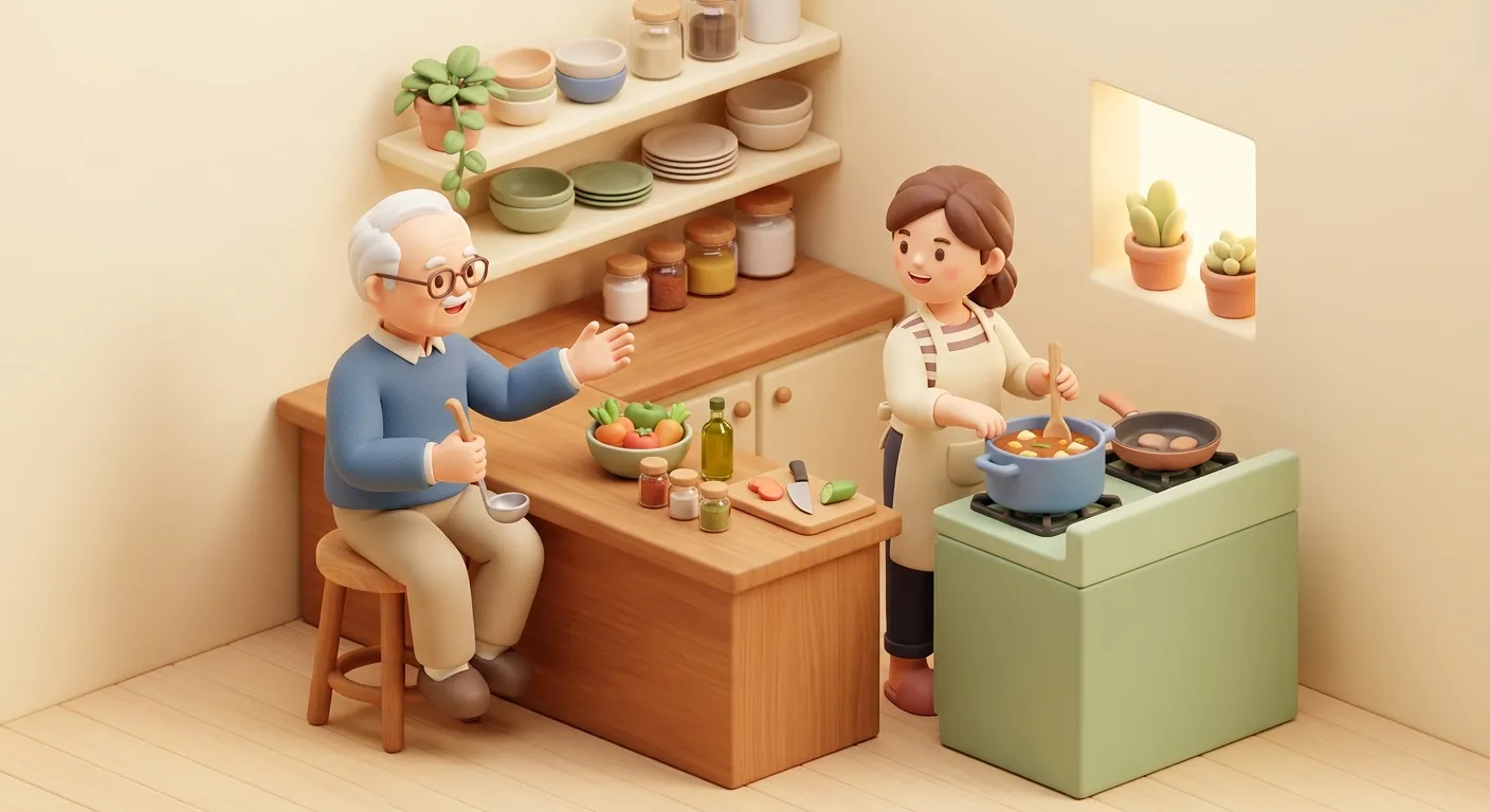 Father and adult child cooking together in a kitchen