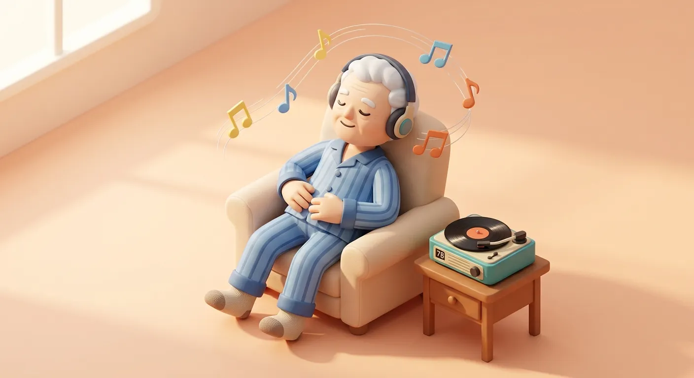 An elderly man listening to music with headphones, looking peaceful