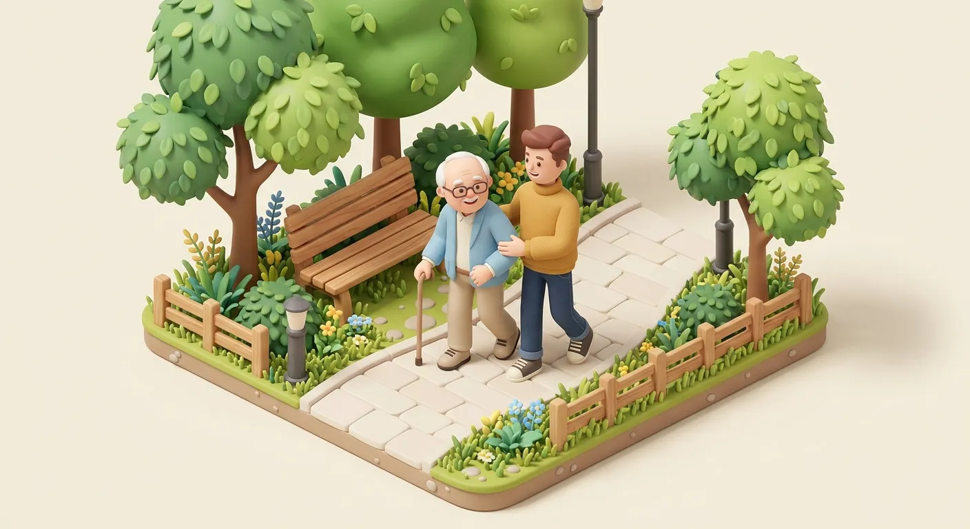 An elderly father and adult child spending quality time together outdoors