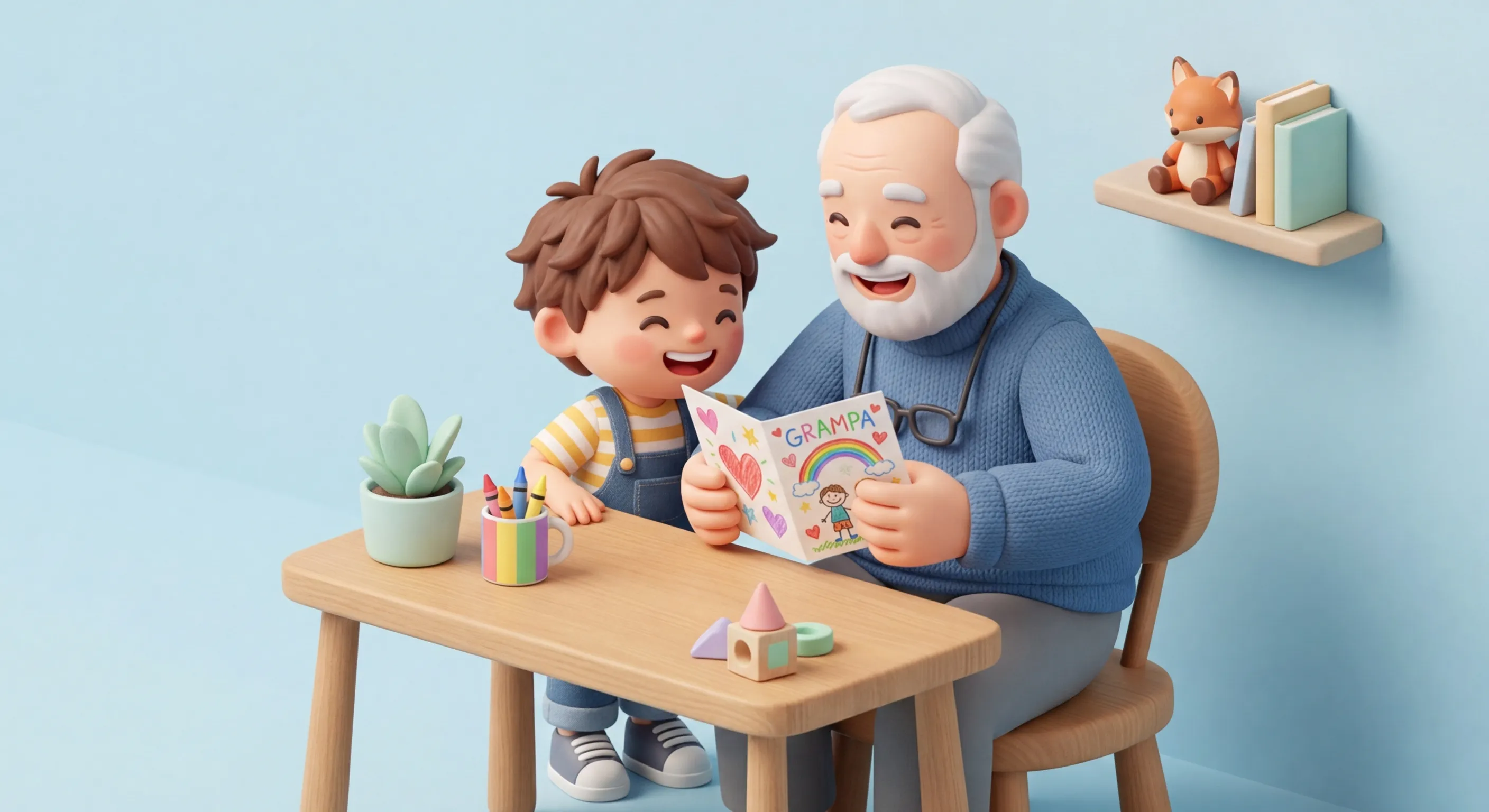 Grandfather looking at a handmade card with grandchild