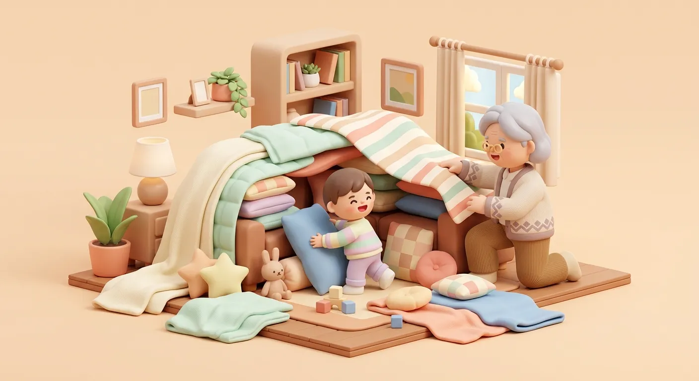 Child and grandparent building a pillow fort together