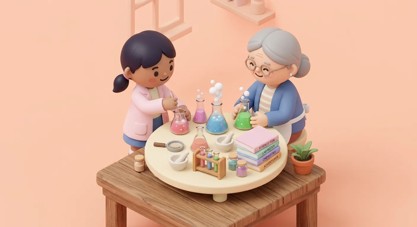 Tween and grandparent doing a science experiment together