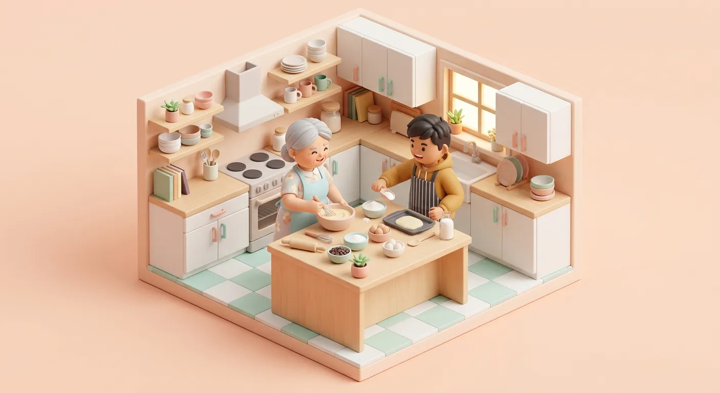 Grandparent and teenage grandchild cooking together in a bright kitchen