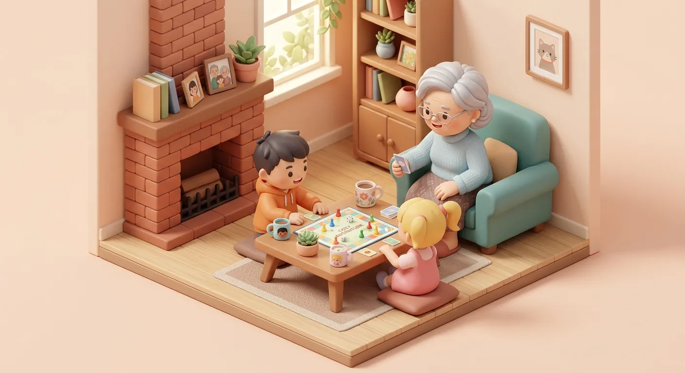 An older grandparent with grandchildren playing a board game