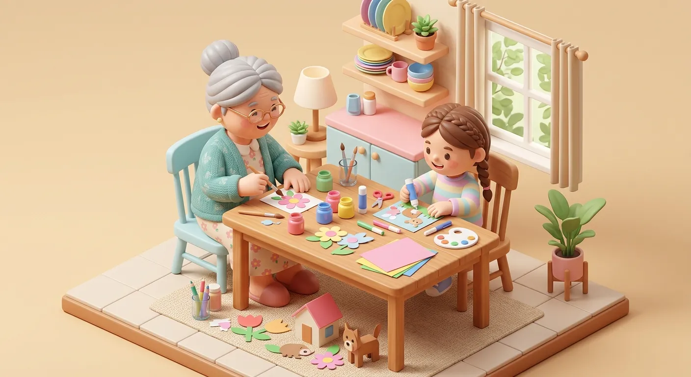 Grandmother and grandchild doing crafts at a table during grandma camp