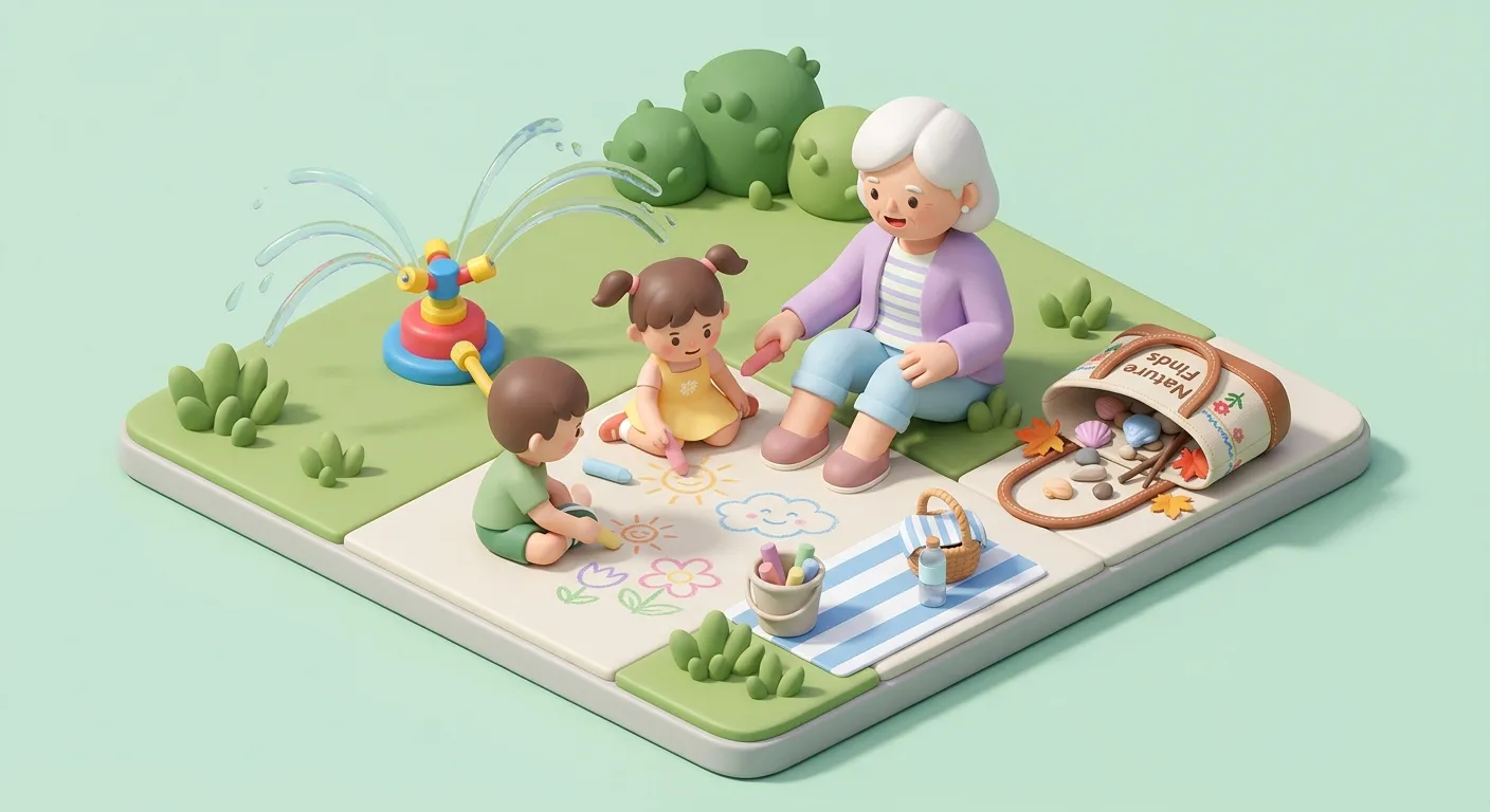 Grandparent and grandchildren doing outdoor activities together at summer camp