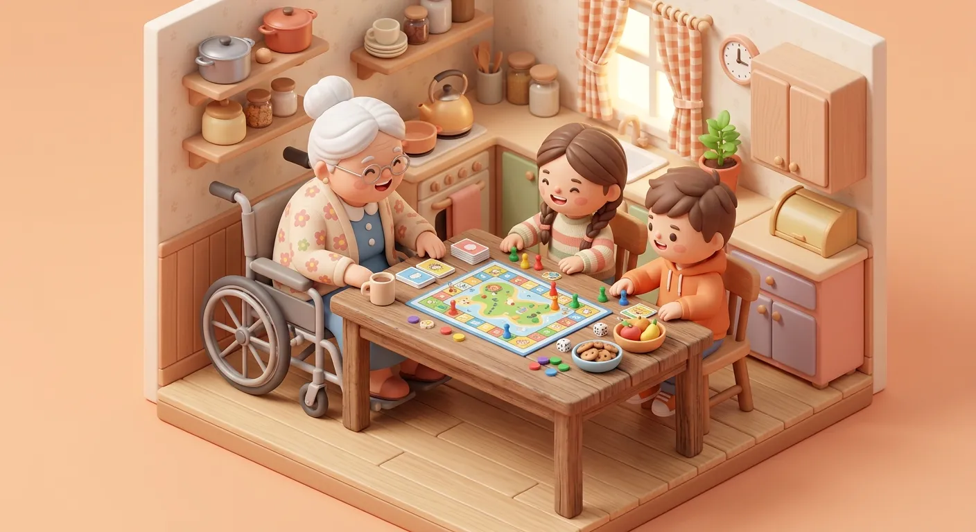 Grandchild visiting a grandparent in an assisted living common area