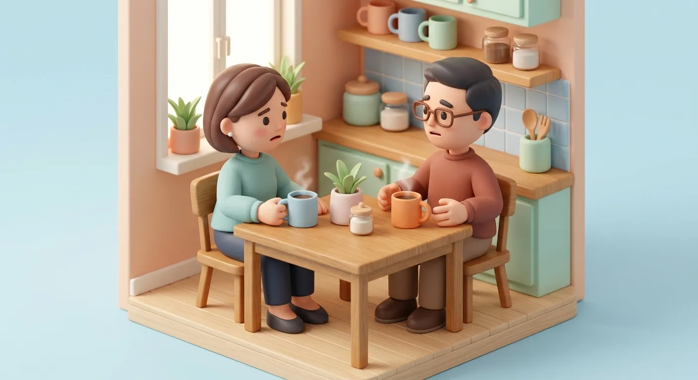 An adult child having a calm conversation with an elderly parent at a kitchen table