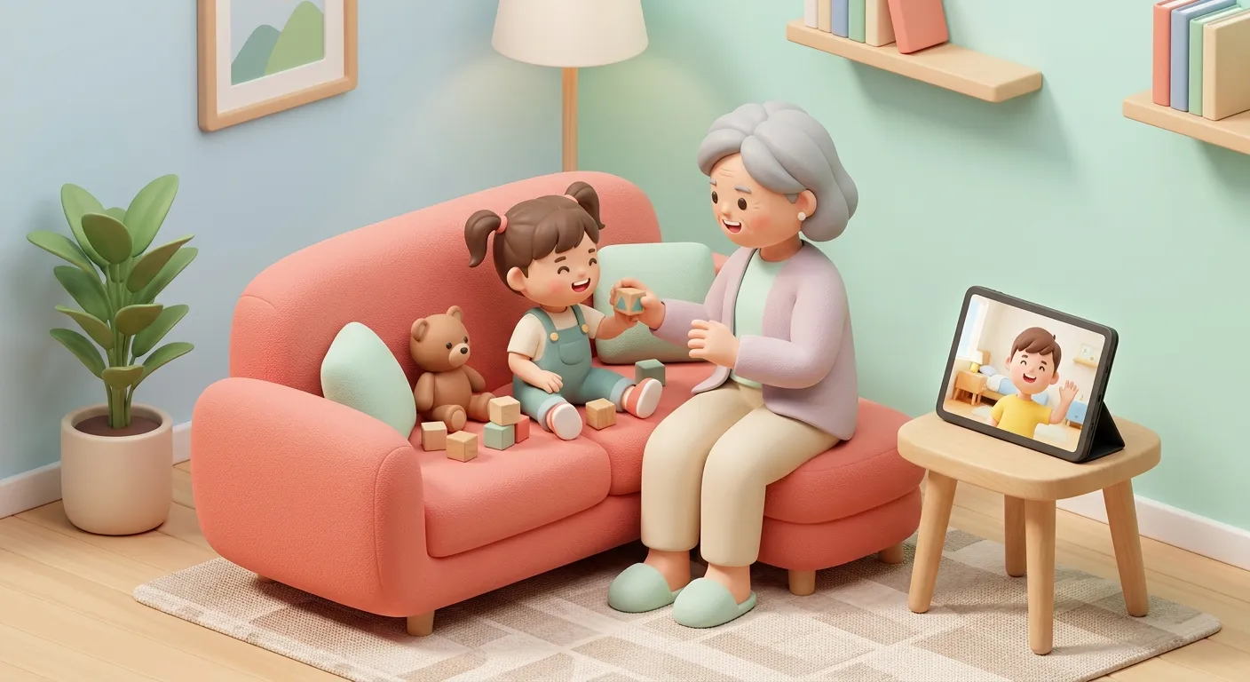 A grandparent spending time with a grandchild while another grandchild looks on from a distance