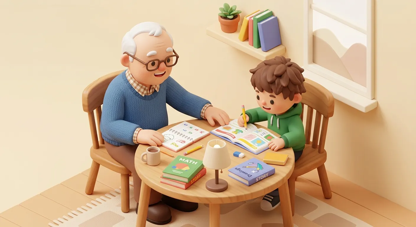 Grandparent caregiver helping a grandchild with homework at the kitchen table
