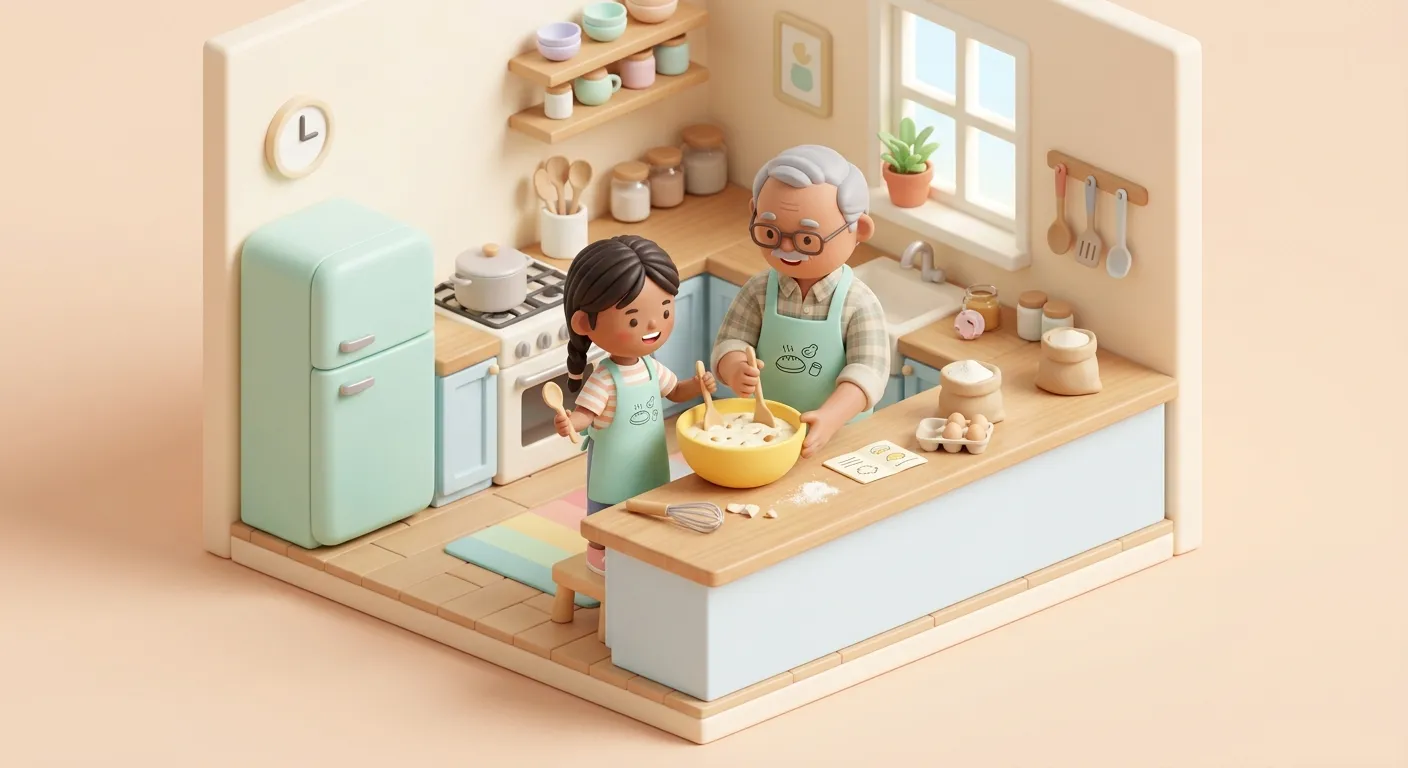 A school-age child and grandfather cooking together in a bright kitchen