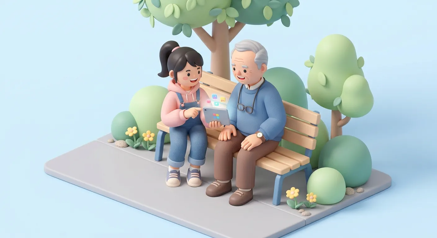 A teenager showing an elderly grandparent something on a tablet on a park bench