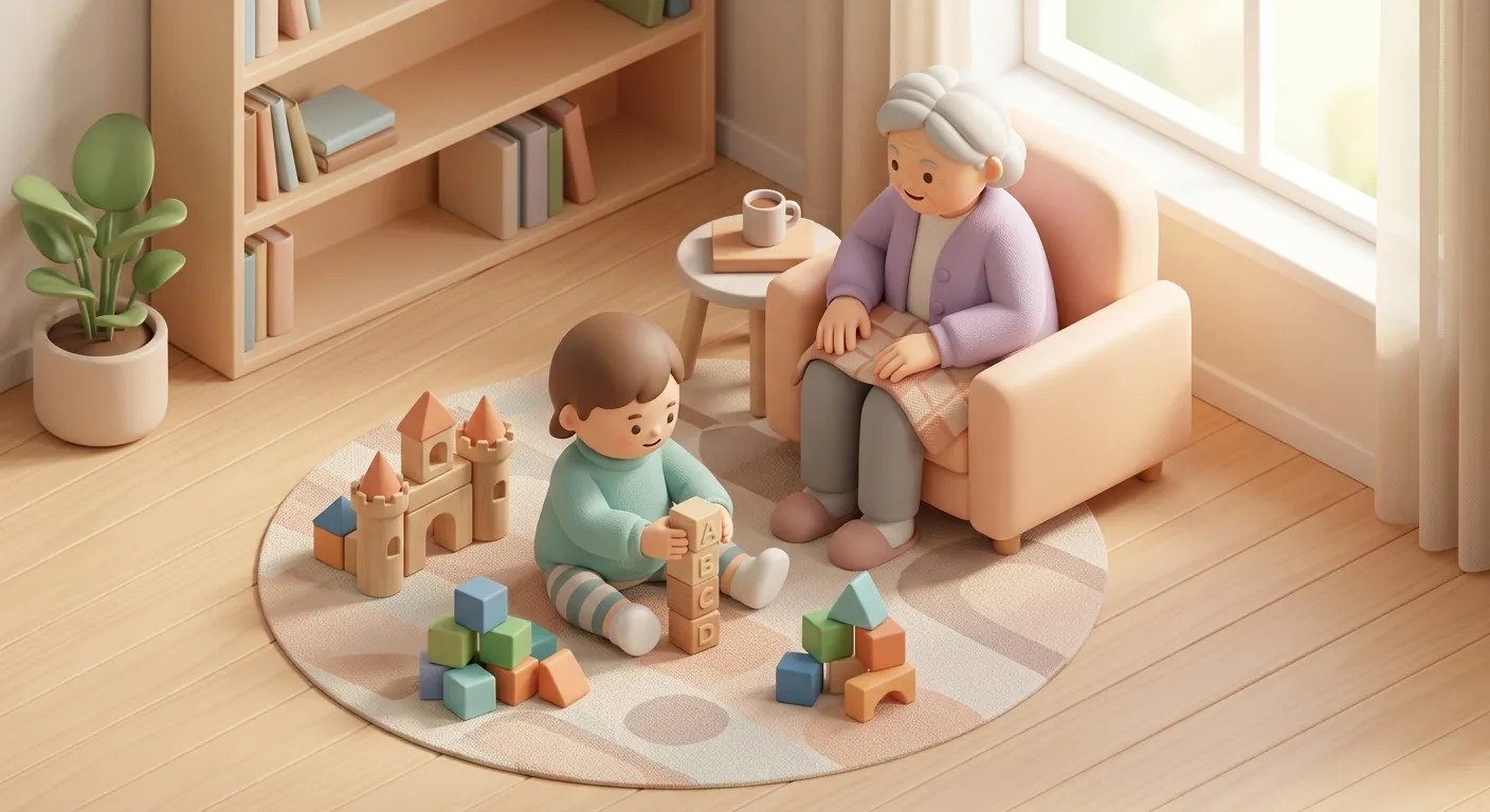 A toddler warming up to grandparents while playing with blocks on the floor