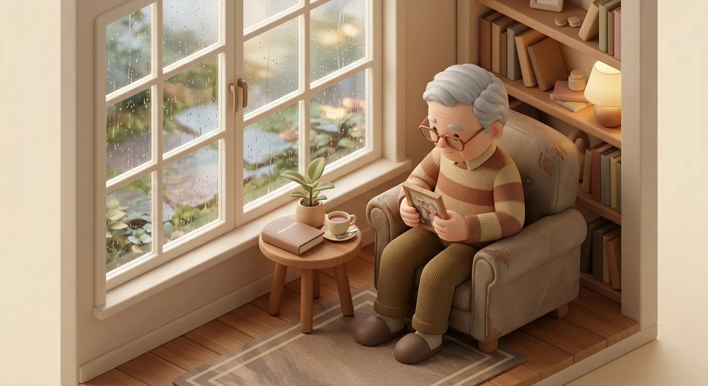 Elderly person looking out a window, reflecting on memories