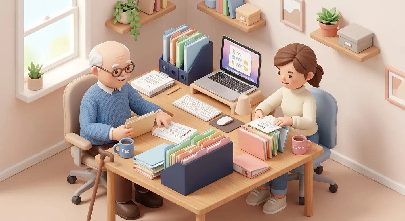 Family members helping an elderly parent with everyday tasks
