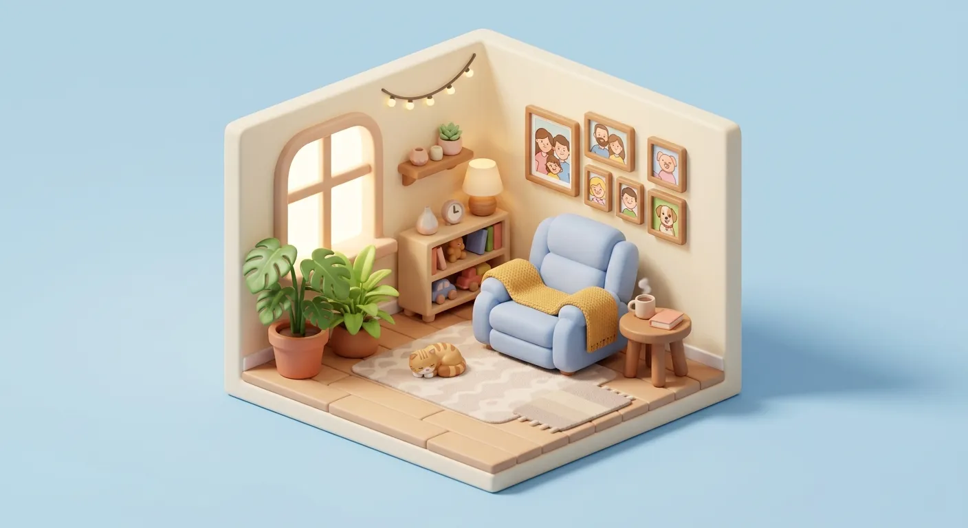 A small, organized, comfortable space that&#x27;s full of family memories