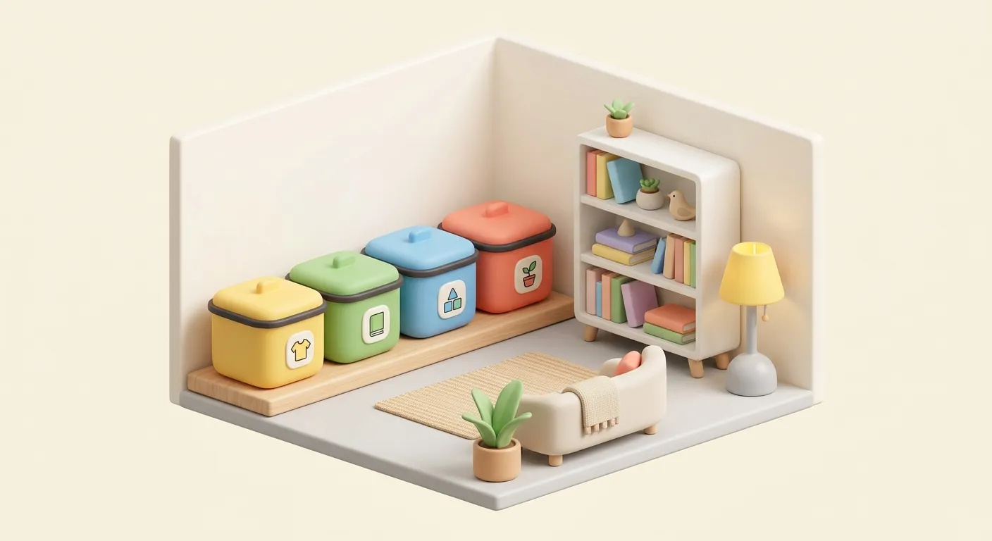 An organized sorting station with labelled boxes for keep, donate, and share