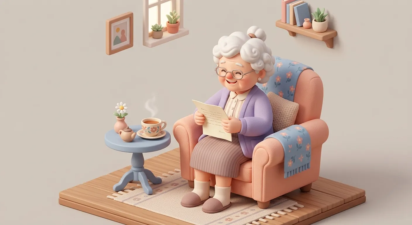 A happy elderly person reading a letter in a cozy armchair